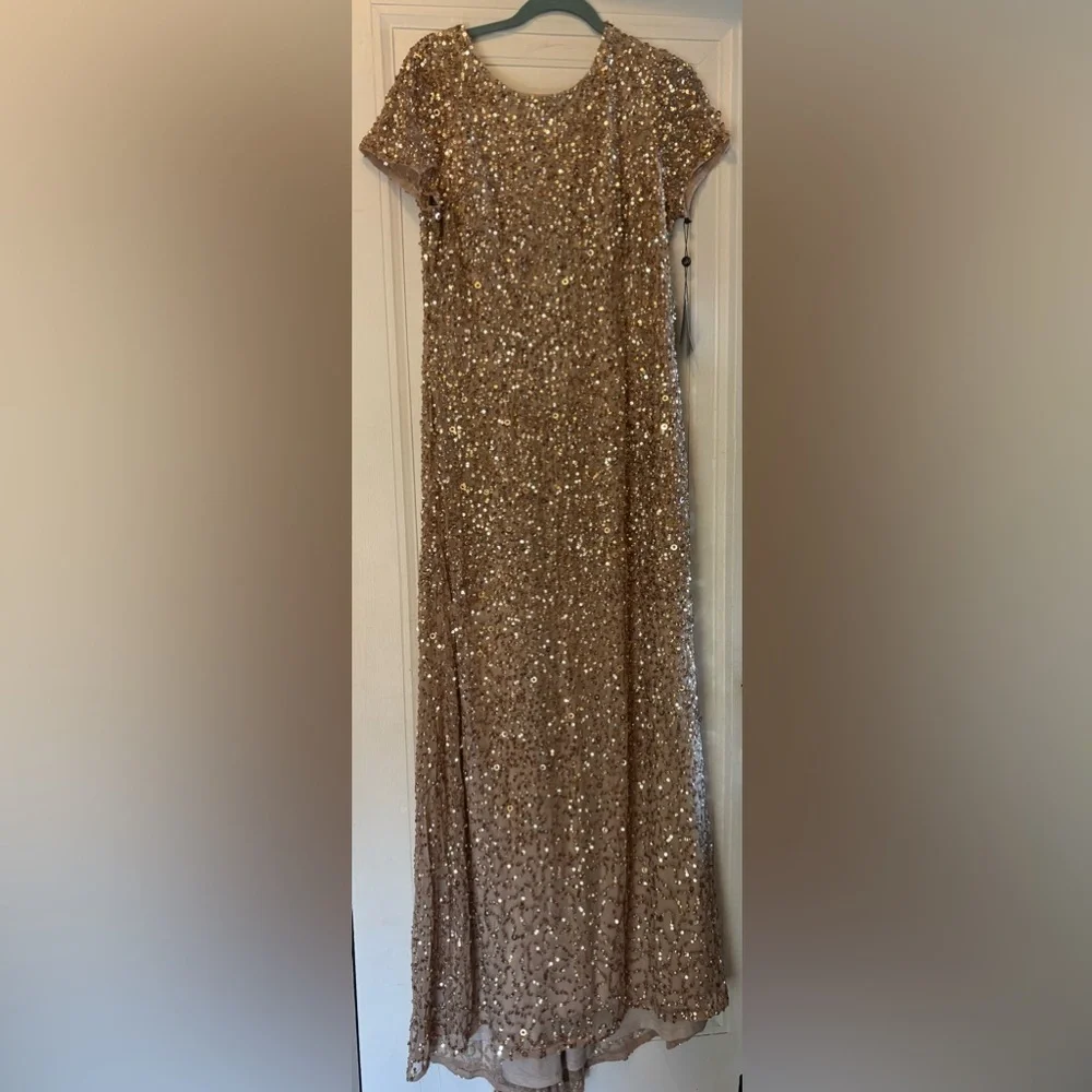 Anthropologie BHLDN Adrianna Papell Lucent Elegant Gold Sequin Evening G…